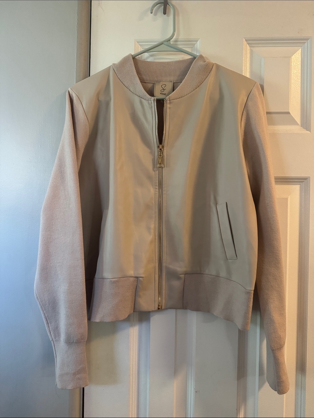 Sioni Light Beige Bomber Jacket with Knit Sleeves